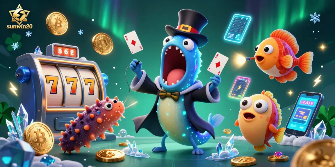 Engage with the vibrant sunwin20 casino illustration showcasing thrilling card tricks and crypto elements.