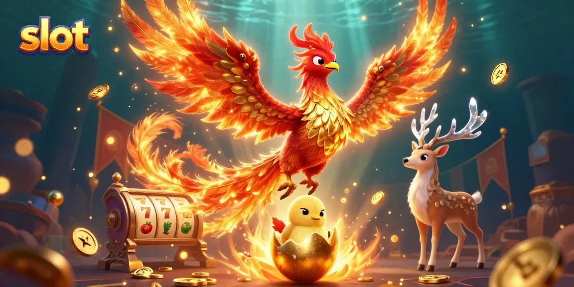 Spin the slot reels with a dazzling phoenix in a vibrant casino setting!