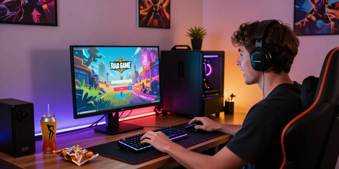 Raja Game login interface displayed on a gaming computer setup with vibrant graphics.