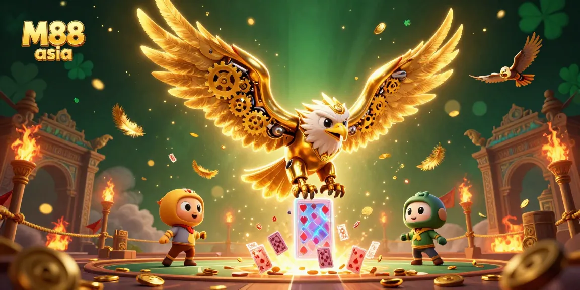 Engage with thrilling gameplay in M88 asia featuring a cybernetic eagle flying through vibrant holographic cards.