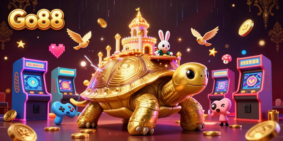Experience Go88's vibrant casino world with fun games and a lively atmosphere, highlighted by a golden tortoise and rabbit dealer.