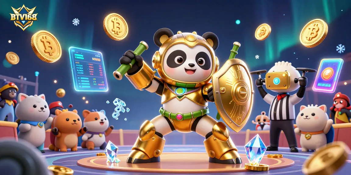 BTV168 showcases an exciting casino scene with a mech-suit panda and vibrant crypto coins.