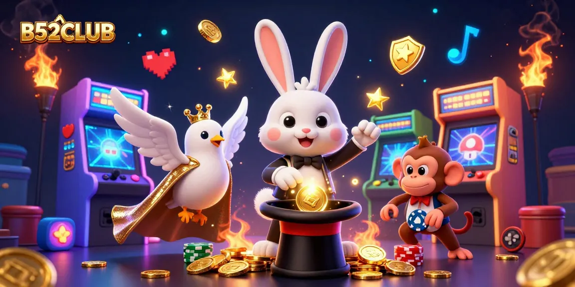 B52CLUB game scene featuring a cartoon rabbit magician, dove assistant, and monkey amidst vibrant casino elements.