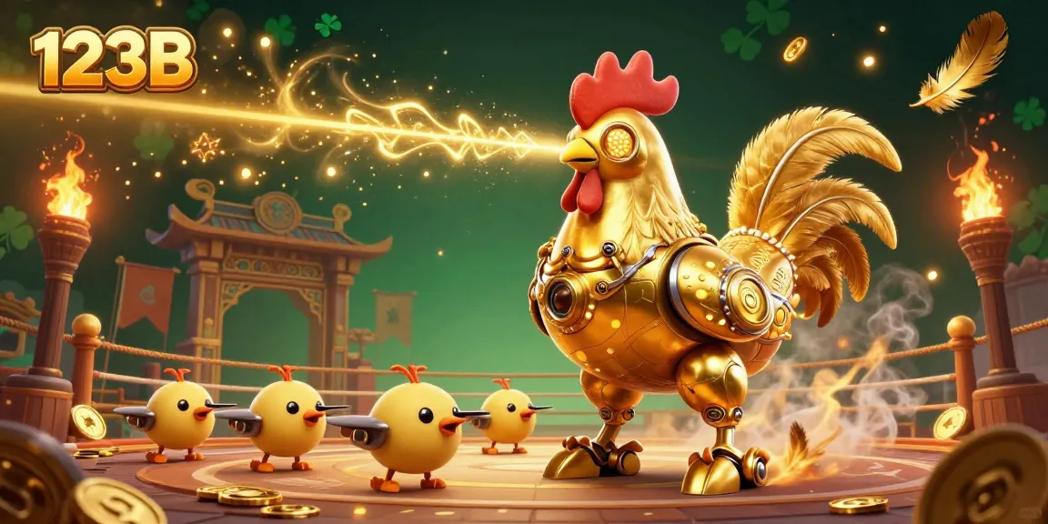 Engage with 123B's exciting gambling universe, showcasing a whimsical golden rooster robot and baby chick drones in action.