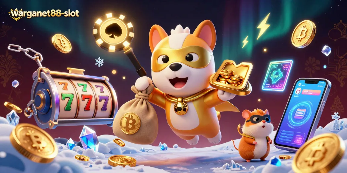 Join the excitement of warganet88-slot with a vibrant 3D cartoon illustration showcasing thrilling slot reels and a superhero dog.