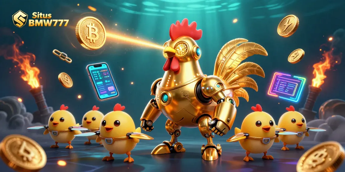 Situs BMW777 features a vibrant scene with a golden robot rooster and baby chick drones amidst cryptocurrency symbols and effects.
